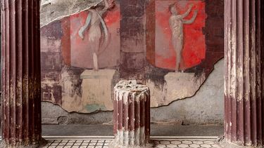 Esta fotografía difundida el 26 de febrero de 2025 por la oficina de prensa del Parco Archeologico di Pompei muestra los frescos de la residencia recién descubierta ubicada en la zona central de Pompeya. La residencia recién descubierta tiene un salón de banquetes con pinturas que representan la iniciación en los misterios dionisíacos.