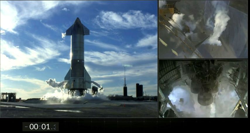 En esta captura del video publicado en la página de Twitter de SpaceX se muestran diferentes tomas de la nave Starship de SpaceX justo antes de que se presentara una suspensión automática de motor con apenas 1,3 segundos restantes en la cuenta regresiva antes del despegue del primer vuelo de prueba de gran altura de la nave, el martes 8 de diciembre de 2020, en el sureste de Texas.