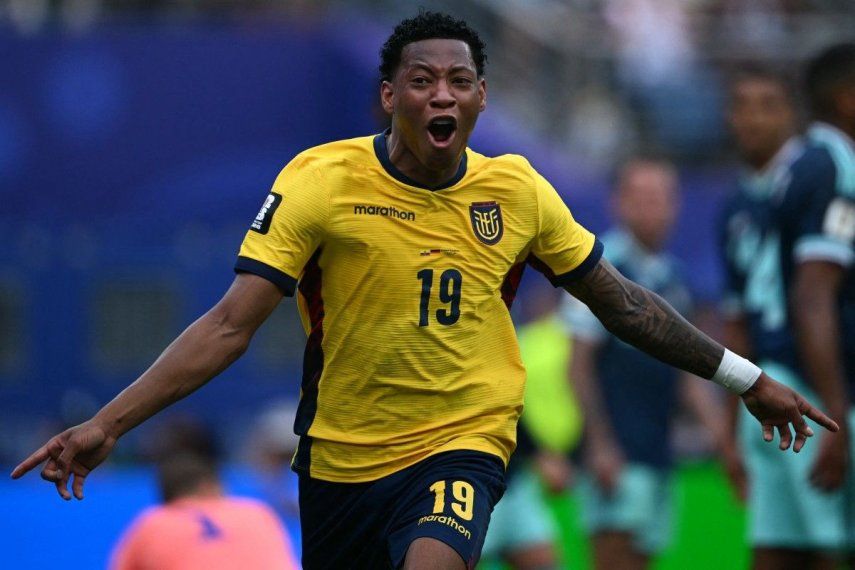 El mediocampista ecuatoriano Gonzalo Plata celebra el segundo gol de su equipo durante el partido de fútbol del Grupo E de la Copa Mundial 2026 entre Ecuador y Alemania&nbsp;