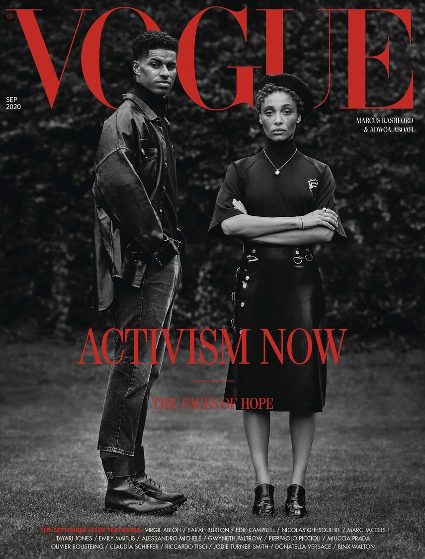 En esta imagen proporcionada el jueves 6 de agosto de 2020 por la revista Vogue de Gran Breta&ntilde;a, la portada del n&uacute;mero de Septiembre 2020 dedicada al activismo con dos activistas negros producida por un grupo predominantemente negro.