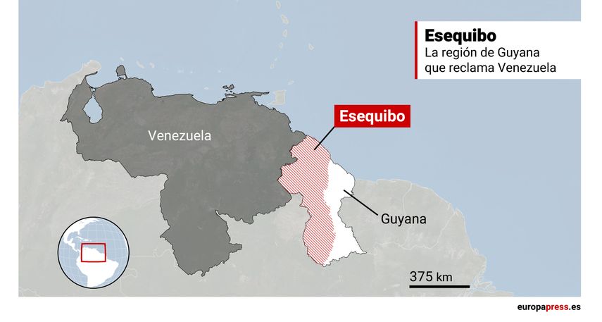 Mapa que representa el Esquibo, la región de Guyana que reclama Venezuela. El gobernante de Venezuela, Nicolás Maduro, ha firmado a última hora de este pasado viernes los seis decretos anticipados a lo largo de esta semana y que representan un plan de incorporación del Esequivo al mapa político de Venezuela, en un anuncio formulado una semana después de un referéndum sobre el territorio.