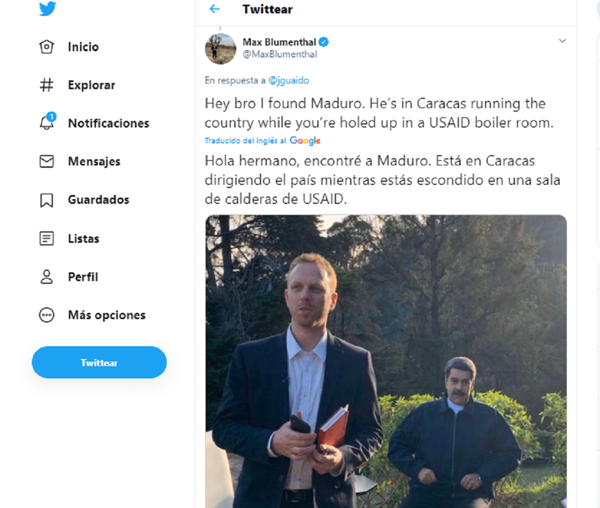 Captura de pantalla de un post de la cuenta&nbsp;@MaxBlumenthal, donde se le observa junto al dictador Nicol&aacute;s Maduro.