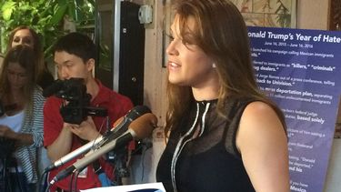 En esta foto del 15 de junio de 2016, Alicia Machado durante una conferencia de prensa realizada en un restaurante en Arlington, Virginia.
