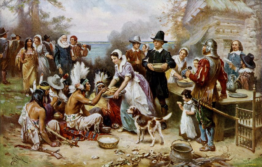 Óleo The First Thanksgiving, realizado por el pintor ean Leon Gerome Ferris.