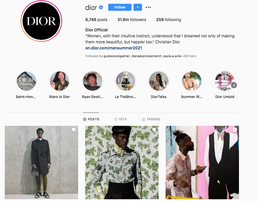 Captura de pantalla de la cuenta oficial en Instagram de la casa de moda Dior.&nbsp;