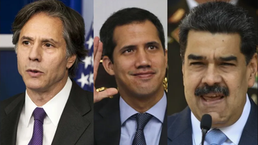 El secretario de Estado, Antony Blinken; el presidente interino de Venezuela, Juan Guaidó; y el doictador Nicolás Maduro.