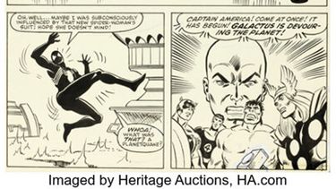 Esta imagen cortesía de Heritage Auctions muestra la página 25 del cómic Secret Wars número 8, de Marvel Comics y publicado en 1984, en el que se cuenta la historia del origen de la ahora icónica vestimenta negra de Spider-Man.