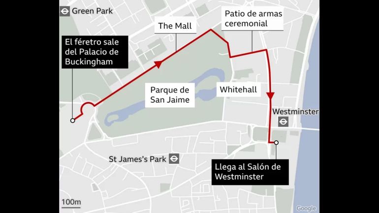 Recorrido del féretro de la reina Isabel II en Londres: desde el Palacio de Buckingham hasta el Salón de Westminster.