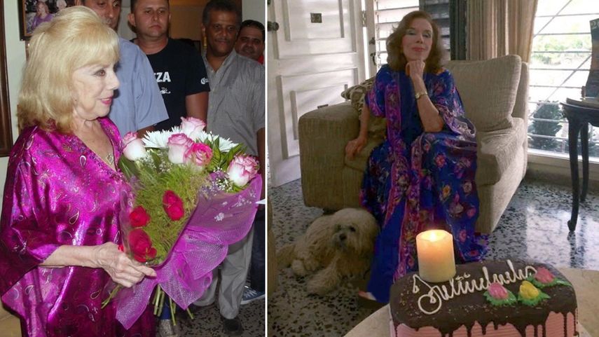 Combinación de imágenes tomadas de Twitter de la vedette cubana Rosita Fornés en la celebración de sus 95 años (izq.) y en un cumpleaños anterior (der.).