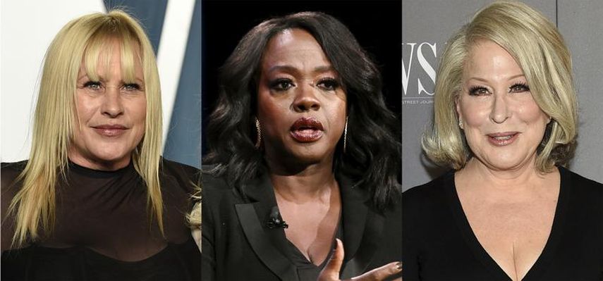 En esta combinación de fotos, de izquierda a derecha, la actriz Patricia Arquette en la fiesta del Oscar de Vanity Fair en Beverly Hills, California, el 27 de marzo de 2022; la actriz Viola Davis promueve su libro Finding Me en Nueva York el 27 de abril de 2022; y la actriz y cantante Bette Midler asiste a la entrega de los WSJ.&nbsp;