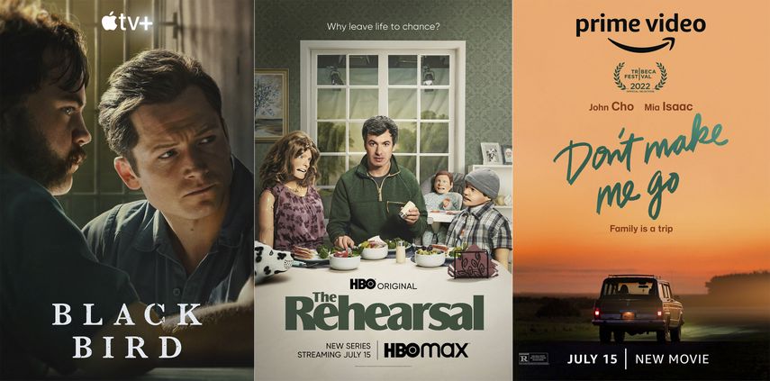 En esta combinación de fotos, el arte promocional de Black Bird, una serie que se estrena en Apple TV+; The Rehearsal, una serie que debuta en HBO Max, y Dont Make Me Go, una película que llega a Prime Video, el 15 de julio.
