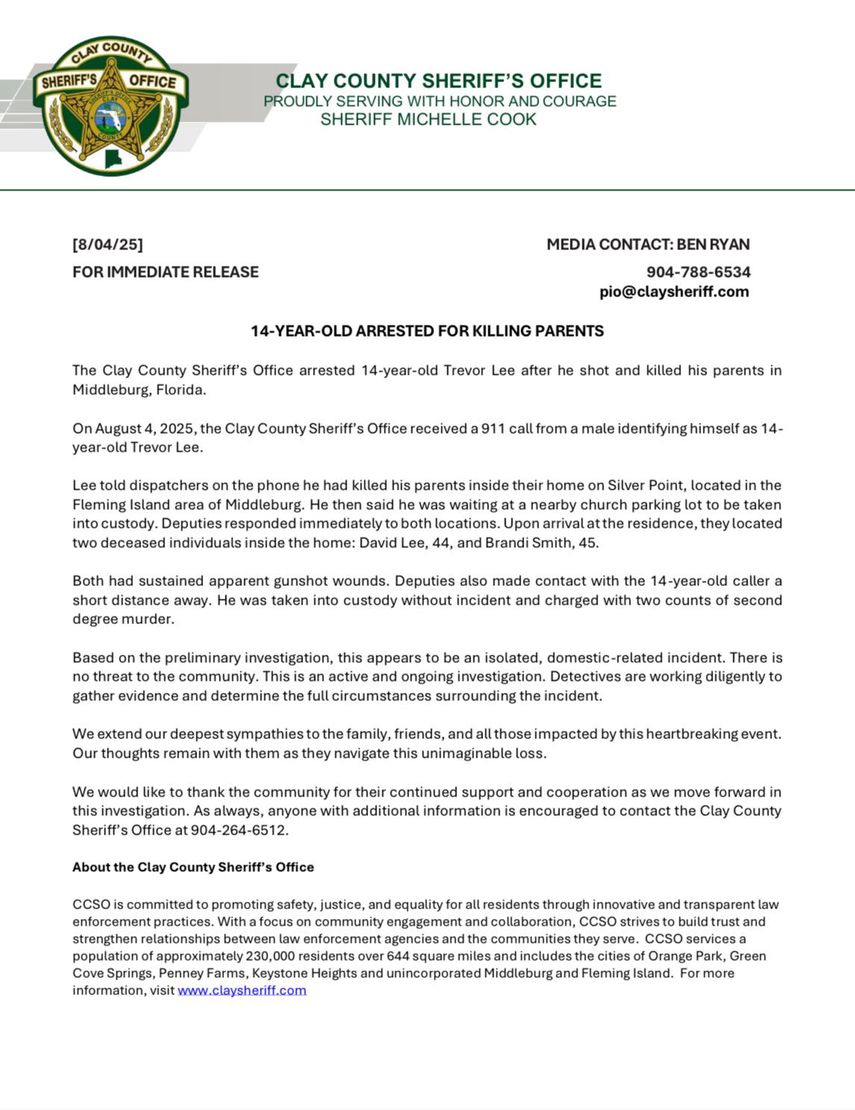 Comunicado de prensa de la Oficina del Sheriff del Condado de Clay. Comunicado de prensa de la Oficina del Sheriff del Condado de Clay.