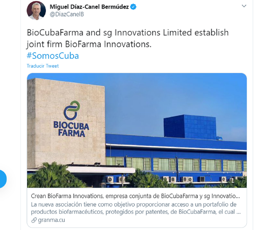 Fotograf&iacute;a del Post que el dictador D&iacute;az Canel public&oacute; sobre la empresa BioCuba Farma