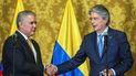 El presidente de Colombia, Iván Duque (izq.), Y el presidente de Ecuador, Guillermo Lasso, se dan la mano durante una declaración en el Palacio Carondelet, en Quito. Duque se encuentra de visita en Quito para discutir temas de seguridad en la frontera con su homólogo ecuatoriano. El presidente de Colombia, Iván Duque (izq.), Y el presidente de Ecuador, Guillermo Lasso, se dan la mano durante una declaración en el Palacio Carondelet, en Quito. Duque se encuentra de visita en Quito para discutir temas de seguridad en la frontera con su homólogo ecuatoriano.