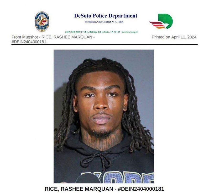 Esta foto proporcionada por el Departamento Policial de DeSoto, Texas, muestra a Rashee Rice, el jugador de los Chiefs de Kansas City, el jueves 11 de abril de 2024&nbsp;