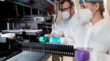 En una imagen del miércoles 22 de julio de 2020 proporcionada por C2N Diagnostics, Matthew Meyer, izquierda, científico proteómico, y Stephanie Knapik, una investigadora adjunta, trabajan en un laboratorio que analiza las muestras sanguíneas en las instalaciones de la compañía en el Centro de Tecnologías Emergentes en San Luis.&nbsp;