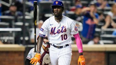 Ronny Mauricio de los Mets de Nueva York tras batear un jonrón ante los Diamondbacks de Arizona, el 12 de septiembre de 2023.&nbsp;