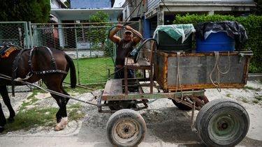 Un hombre se prepara para descargar agua de un bidón de plástico desde su carro tirado por caballos en La Habana, el 24 de septiembre de 2024.