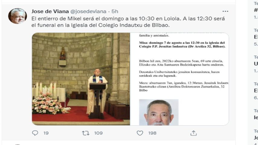 El sacerdote jesuita Mikel de Viana s.j. falleció este 4 de agosto de 2022, en España.
