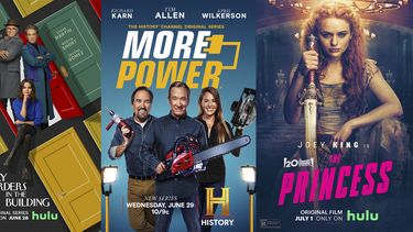En esta combinación de fotos, el arte de Only Murders in the Building, una serie de Hulu que regresa el 28 de junio en su segunda temporada; More Power, que se estrena el 29 de junio en History Channel, y The Princess, una película que debuta el 1 de julio en Hulu.&nbsp;