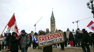 Don Stephens, de 65 años, diseñador gráfico retirado, sostiene un cartel ante el Parlamento para apoyar a los camioneros reunidos para protestar contra las órdenes de vacunación y otras restricciones contra el COVID-19 en Ottawa, Ontario, el sábado 12 de febrero de 2022.&nbsp;