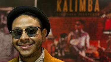 Kalimba se encuentra frente a un telón de fondo con ilustraciones de su nuevo álbum, durante una entrevista en las oficinas de Sony Music en la Ciudad de México, el jueves 10 de julio de 2014.