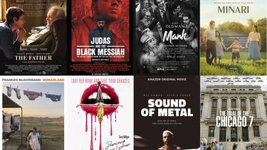 Esta combinación de fotografías muestra a las nominadas al Oscar a mejor película, fila superior de izquierda a derecha, The Father, Judas and the Black Messiah, Mank, Minari, fila inferior de izquierda a derecha, Nomadland, Promising Young Woman, “Sound of Metal, y “The Trial of the Chicago 7.&nbsp;
