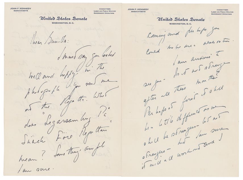 Una carta de amor que John F. Kennedy le escribió a una amante sueca unos años después de casarse con Jacqueline Bouvier, según la casa de subasta con sede en Boston RR Auction. Las cartas serán subastadas.&nbsp;