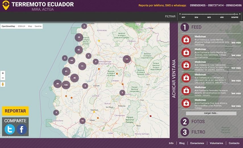 Captura de pantalla del portal www.terremotoecuador.com, que ha recibido más de 40.000 visitas tras dos semanas desde su activación.