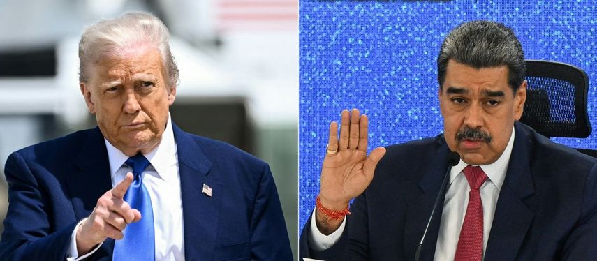 Esta combinación de imágenes de archivo, creada el 20 de septiembre de 2025, muestra al presidente estadounidense Donald Trump (izq.) haciendo un gesto mientras se dirige a abordar el Air Force One en la Base Conjunta Andrews, Maryland, el 12 de mayo de 2025; y al dictador de Venezuela, Nicolás Maduro, hablando durante una conferencia de prensa con medios internacionales en el Hotel Eurobuilding de Caracas, el 15 de septiembre de 2025.