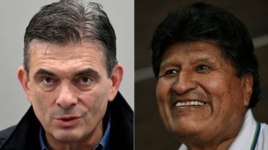 Esta combinación de imágenes, creada el 24 de junio de 2026, muestra al presidente de Bolivia, Rodrigo Paz, hablando tras firmar un acuerdo con el alcalde de El Alto, Eliser Roca, y el ministro de Obras Públicas, Mauricio Zamora Liebers, en la Casa Grande del Pueblo —sede del palacio presidencial— en La Paz, el 10 de junio de 2026; y al expresidente de Bolivia (2006-2019) Evo Morales en Lauca Eñe, provincia de Tiraque, departamento de Cochabamba, Bolivia, el 23 de junio de 2026.