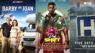 En esta combinación de fotos, el arte promocional de Darby and Joan, una serie que se estrena el 8 de agosto en Acorn; Day Shift, una película que debuta el 12 de agosto en Netflix, y Five Days at Memorial, una serie limitada disponible el 12 de agosto a Apple TV+.