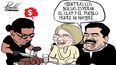El dibujante criollo, Fernando Pinilla, no dudó en criticar la comilona y lo hizo con una sentida caricatura y el mensaje: Mientras los bolsas esperan las bolsas del CLAP y el pueblo muere de hambre.