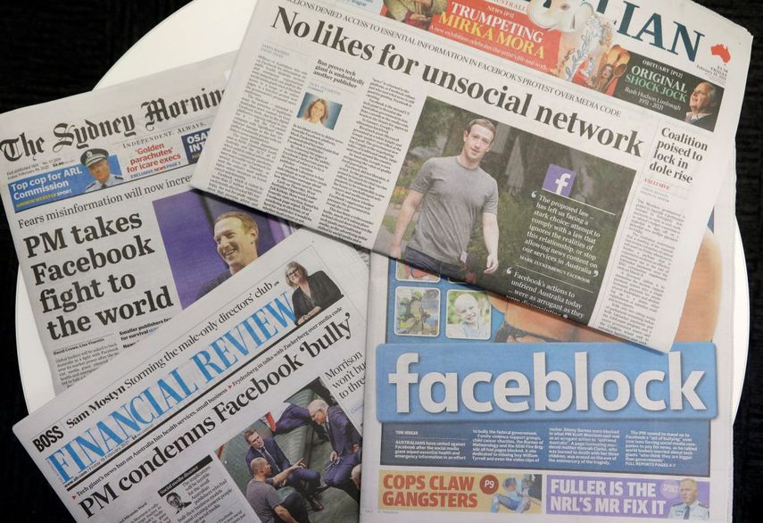 Diarios en Australia destacan historias sobre el bloqueo de noticias impuesto por Facebook en el país. &nbsp;