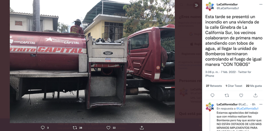 En la cuenta de Twitter de la urbanización La California se mostró cómo el camión de los bonberos no tenia mangueras para apagar el fuego.