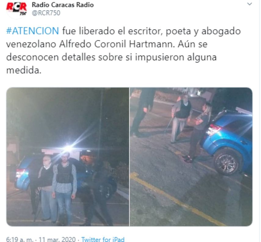 Fuerzas de seguridad de Nicol&aacute;s Maduro liberan al escritor&nbsp;Alfredo Coronil
