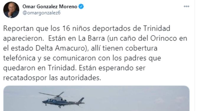 Captura de pantalla de mensaje difundido en Twitter por el diputado Omar Gonzalez, sobre el paradero de los 16 niños deportados a Venezuela desde Trinidad y Tobago.&nbsp;