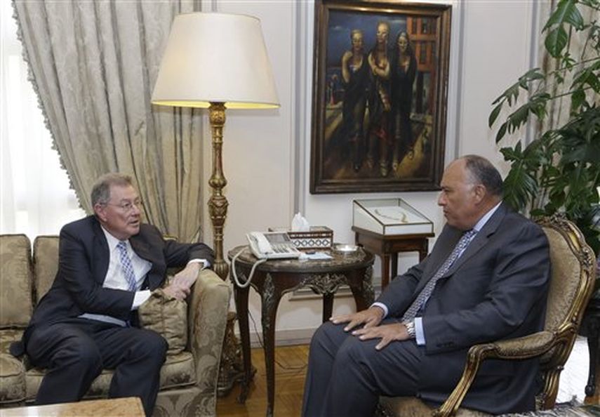 El canciller egipcio Sameh Shukri, derecha, conversa con el coordinador especial de la ONU para el proceso de paz de Medio Oriente, Robbert Serry, en El Cairo, Egipto ( Foto AP)