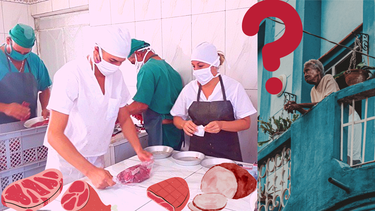 Trabajadores de la planta cárnica Los Cocos de Cienfuegos, a la izquierda, y una señora asomada a un balcón en Cuba.&nbsp; &nbsp;