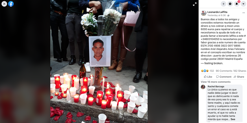 Varias personas alrededor de unas velas y una foto en honor al cubano apuñalado en Madrid.&nbsp;