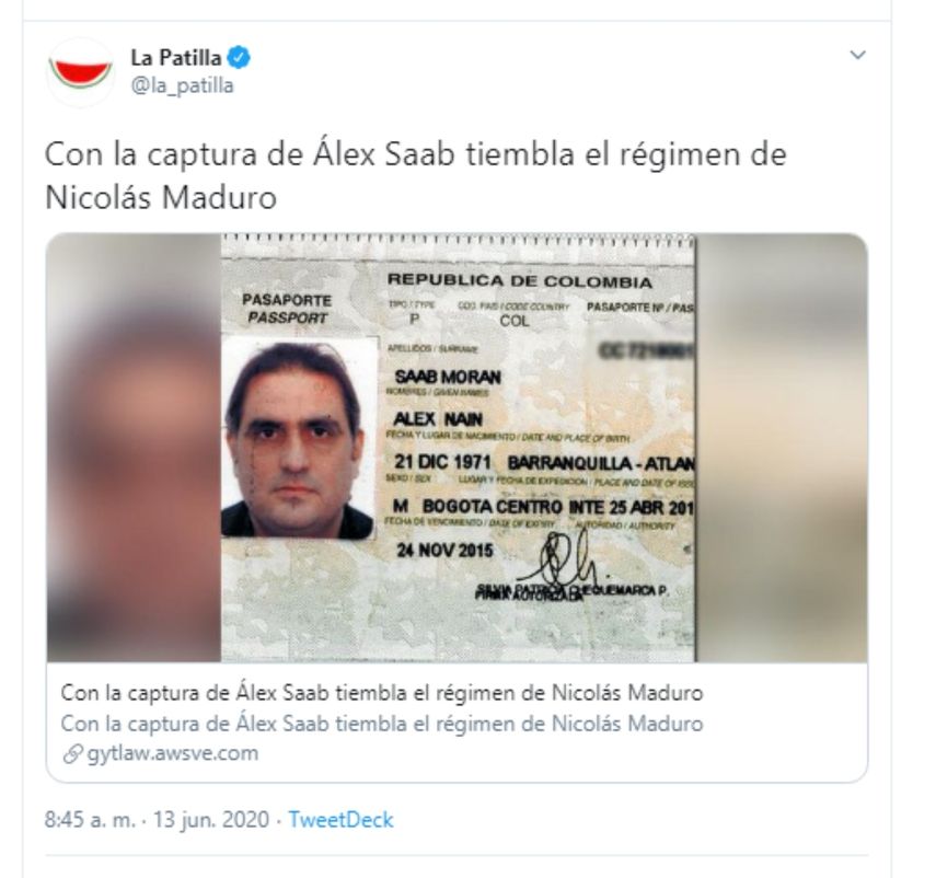 Fotografía del pasaporte de Alex Saab, publicado en las redes sociales.&nbsp;