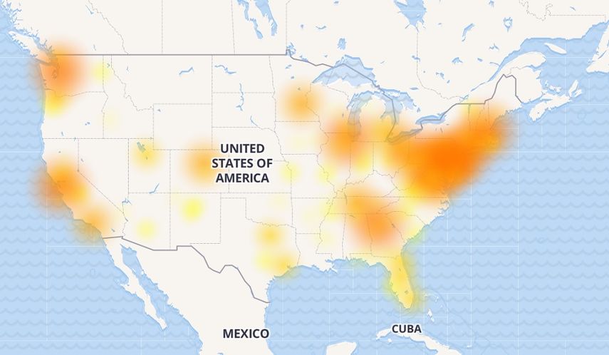Un mapa de downdetector.com mostraba las principales zonas afectadas este viernes por la interrupción del servicio de Comcast