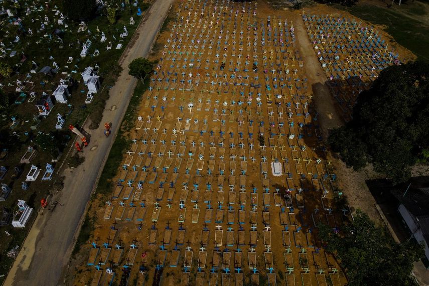 Vista aérea de las tumbas de las víctimas del COVID-19 en el cementerio de Nossa Senhora Aparecida en Manaus, estado de Amazonas, Brasil, el 29 de abril de 2021. Brasil, con una población de 212.000.000 de personas, superó el jueves las 400.000 muertes por COVID-19, y es el segundo en número solo después de los EEUU.