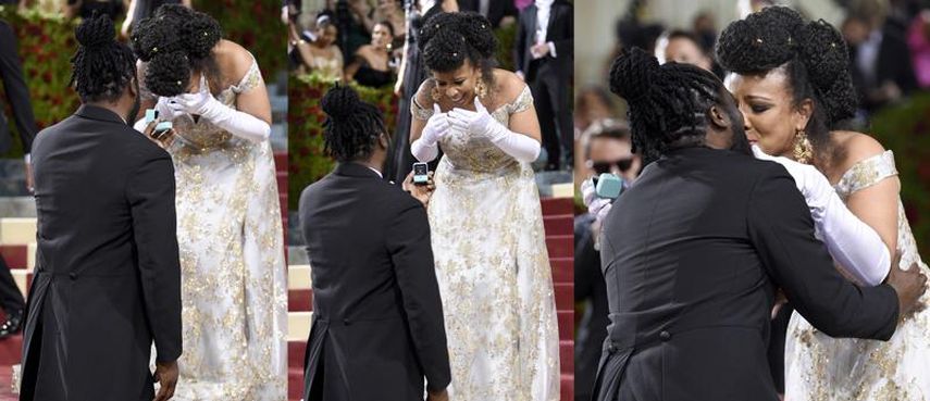 En esta combinación de fotografías el excandidato a la asamblea estatal de Nueva York Bobby Digi Olisa, izquierda, le propone matrimonio a Laurie Cumbo, comisionada de asuntos culturales de Nueva York en la gala del MET para celebrar la inauguración de la exposición In America: An Anthology of Fashion el 2 de mayo de 2022 en Nueva York.&nbsp;