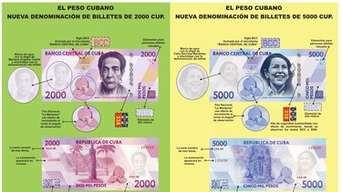 Imagen difundida por el Banco Central de Cuba (BCC) de dos nuevos billetes de 2.000 y 5.000 pesos cubanos (CUP) -la moneda oficial- que entrarán en circulación de forma gradual a partir del 1 de abril.