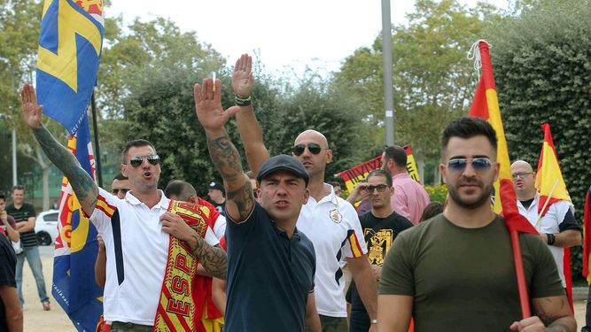 Un momento de la manifestación en defensa de la unidad nacional en la plaza de Sant Jordi, en Montjuic.