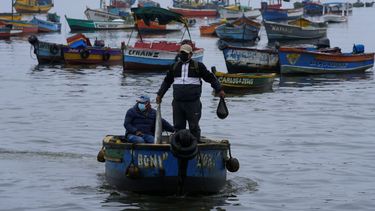 El pescador Máximo Castro apunta hacia el sur, la dirección de donde provino el derrame de petróleo, en su bote en la contaminada bahía de Ancón en Lima, Perú, el viernes 21 de enero de 2022.