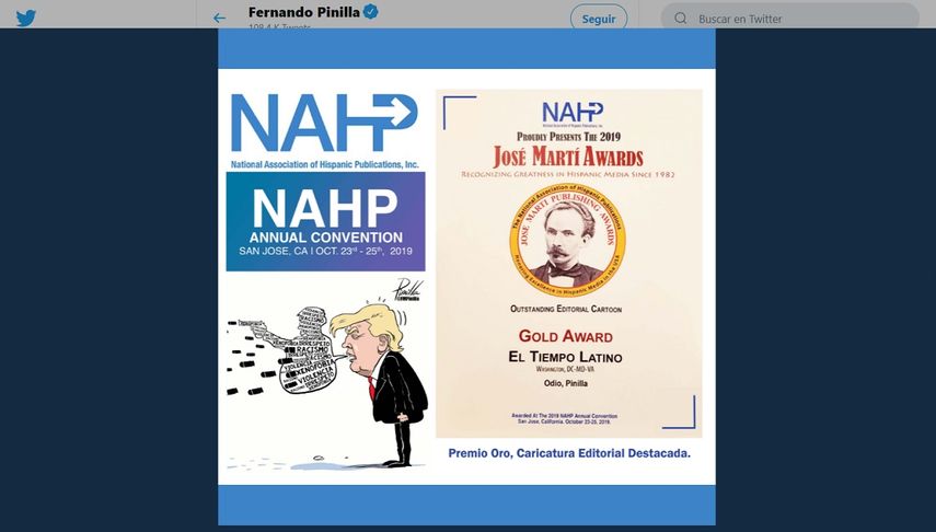 Pinilla gan&oacute; un premio de&nbsp;oro&nbsp;por su trabajo titulado&nbsp;&ldquo;Odio&rdquo;, en el que hace referencia al discurso del mandatario estadounidense&nbsp;Donald Trump&nbsp;y su vinculaci&oacute;n con los&nbsp;tiroteos masivos.