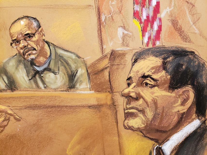 Dibujo de un momento del juicio, en Nueva York, al narcotraficante mexicano Joaquín El Chapo Guzmán.