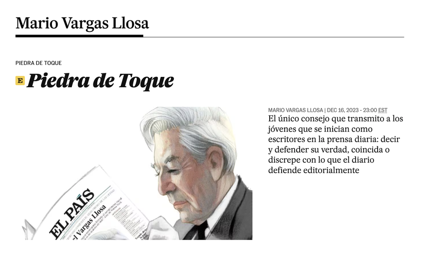 Última columna de Mario Vargas Llosa en El País, el 16 de diciembre de 2023. 